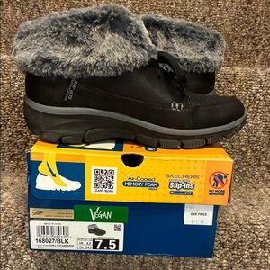 Skechers Women's Black Slip In Boots with Faux Fur, style “Chilly”